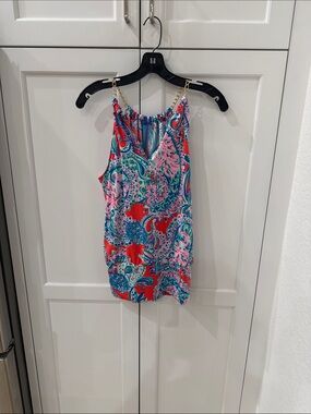 Lilly Pulitzer Coral Pink and Blue Paisley Chain-Strap Tank